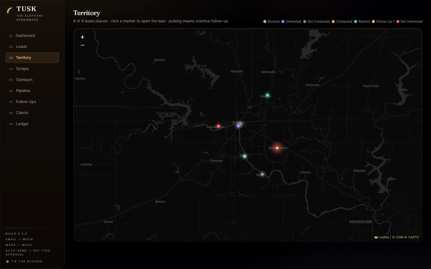 Territory map with leads plotted as colored status markers around Tulsa