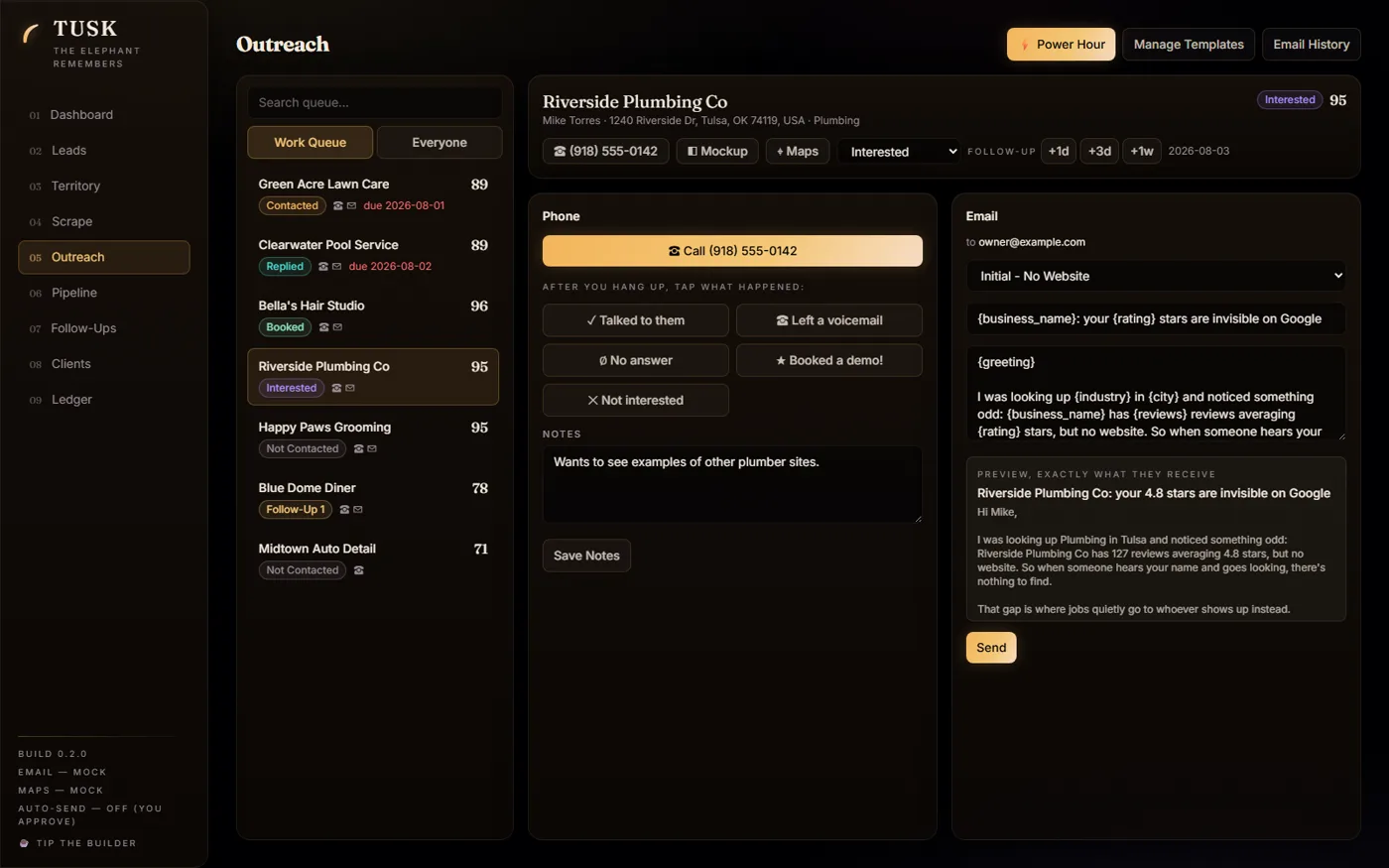 Outreach cockpit with call queue, phone panel, and email composer with live preview