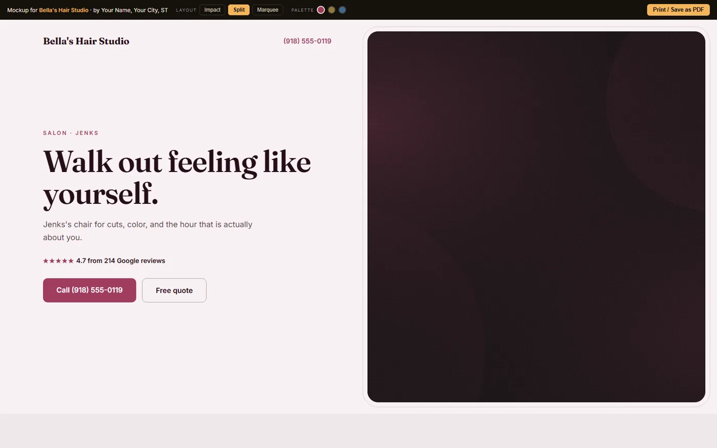 Mockup Studio generating a homepage draft for a salon with layout and palette switchers